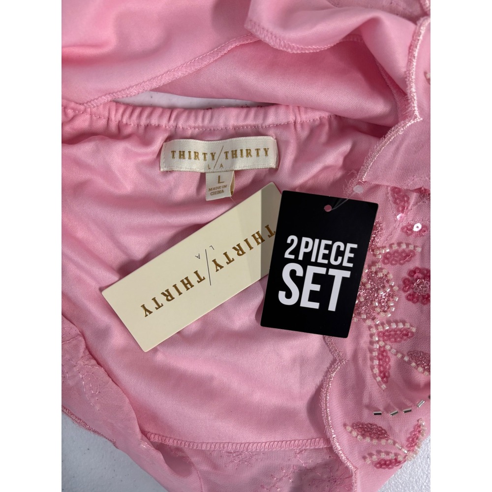 Thirty Thirty LA Pink Sequin Beaded 2 Piece Set Halter Top Mini Skirt NWT L